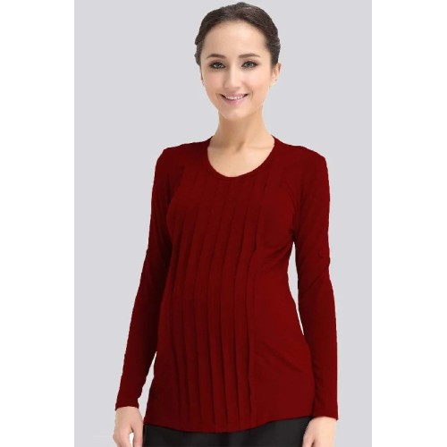 Long Sleeved Bamboo Cotton Venus Pleats Row Nursing Top Maroon