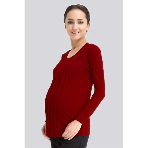 Long Sleeved Bamboo Cotton Venus Pleats Row Nursing Top Maroon