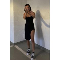 Cleopatra Asymmetrical Neckline Front Split Ribbed Dress Black