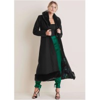 Faux-Fur Trim Long Coat - Black