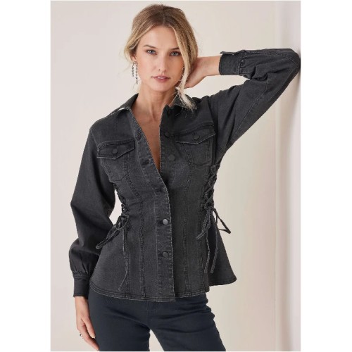 Lace Up Denim Jacket - Black Wash