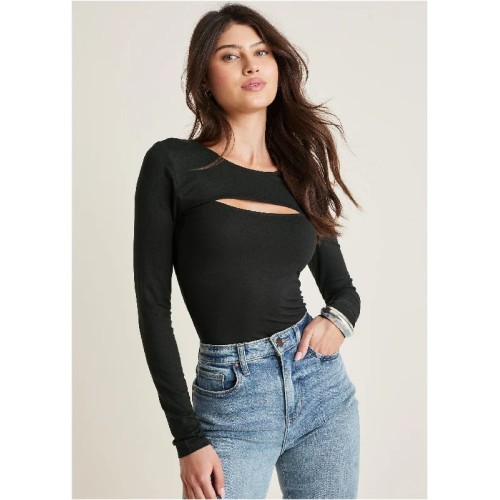 Long Sleeve Cut-Out Top - Black