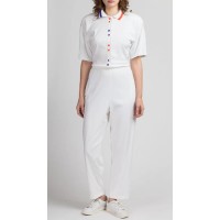 80s White Striped Collared Jumpsuit - Large