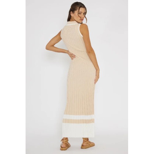 Cayla Button-Up Ribbed Knit Dress Sand