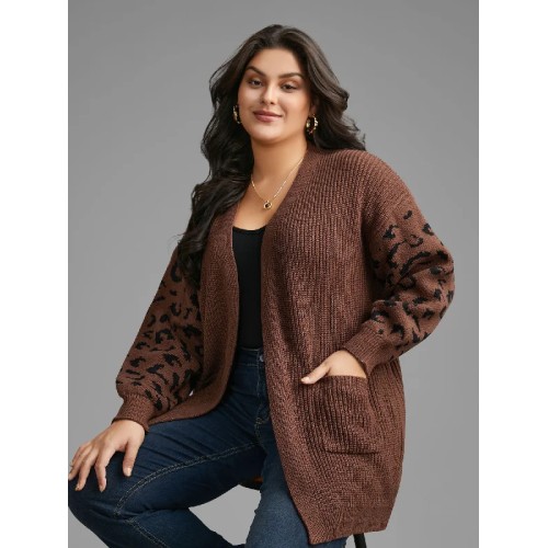 Leopard Print Patchwork Lantern Sleeve Cardigan