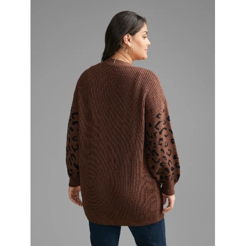 Leopard Print Patchwork Lantern Sleeve Cardigan