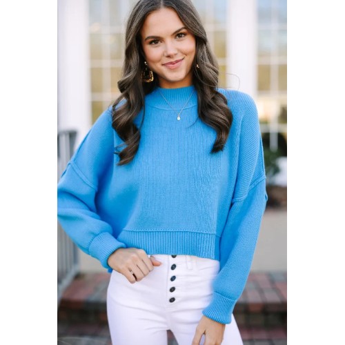 Where I Am Deep Sky Blue Cropped Sweater