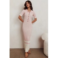 Cayla Button-Up Ribbed Knit Dress Pink