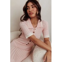 Cayla Button-Up Ribbed Knit Dress Pink