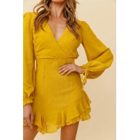 Lilo Surplice Neckline Cut-Out Back Dress Thin Stripe Mustard