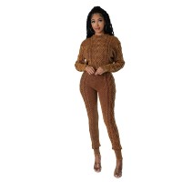 FZ Women's Washed Vintage Knitted Rhombus Plaid Cable Sweater Pants Suit