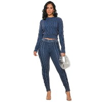 FZ Women's Washed Vintage Knitted Rhombus Plaid Cable Sweater Pants Suit