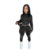 FZ Women's Washed Vintage Knitted Rhombus Plaid Cable Sweater Pants Suit