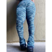 Melange Knit Colorful Striped Stacked Sweater Furry Pants Women