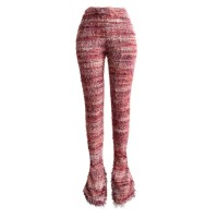 Melange Knit Colorful Striped Stacked Sweater Furry Pants Women